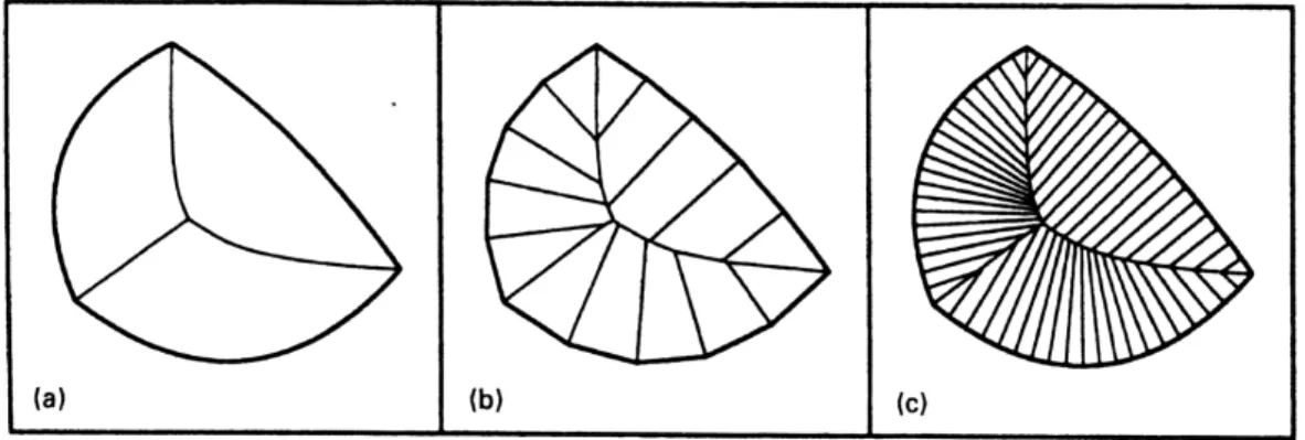 Figure 2.3.1: The difference between (a) the true Voronoi diagram of a planar domain bounded by curves, and the computed from piecewise-linear boundary  ap-proximations with (b) 15 segments and (c) 60 segments (taken from [RF99a])