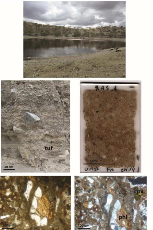Fig.  II.10 :  Photo  du  maar  de  Basotu  et  de  l’affleurement  Bas1  constitué  de  tuf  et  de  blocs  pyroclastiques cratoniques, ainsi que des photos de lame mince