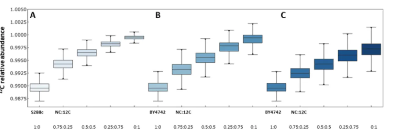 Figure 4 shows the inferred 12 C abundance in the various samples as box plots and the correlation with the theoretical values expected from an incomplete labeling of the peptides, due to the presence of nonlabeled amino acids in the growth media.