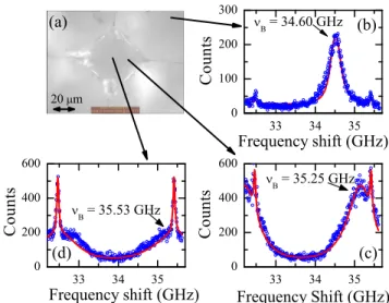 FIG. 1. (Color online) Brillouin spectra of the longitudinal acoustic modes at room temperature in the backscattering geometry for a pristine soda-lime silicate glass (a), and  af-ter a room-temperature hydrostatic compression at 20 GPa during 1 h (b)