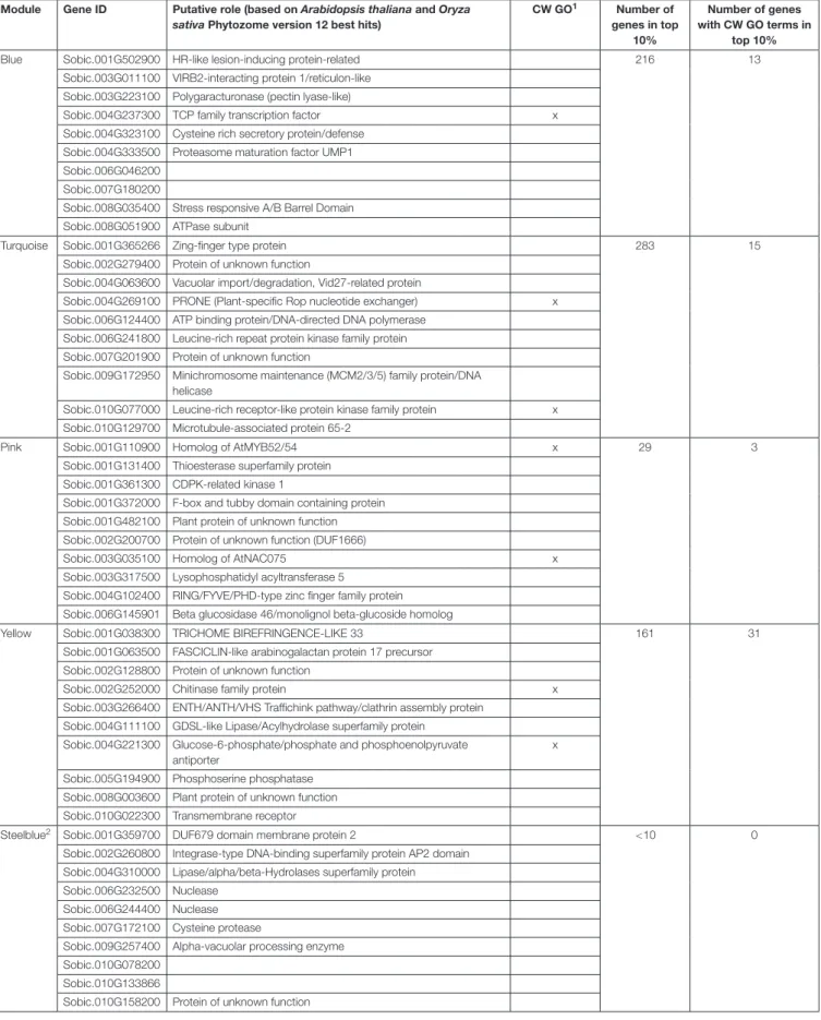 TABLE 4 | Top hub genes in the six cell wall-related modules.