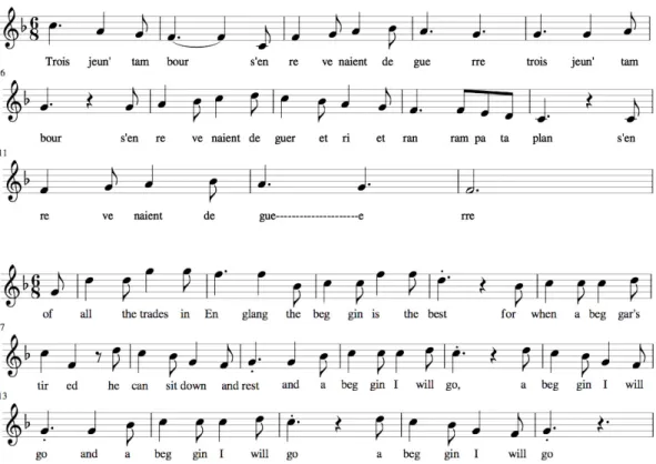 Figure 3.7 – Partitions du chant populaire français « Trois jeunes tambours » (en haut) et du chant populaire anglais « A begging I will go » (en bas)