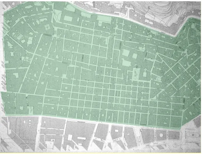 Fig.  1.6.  Carte  topographique  des  Quartiers  Espagnols.  Le  tracé  perpendiculaire  des  rues  est  bien  visible (source : archives municipales)