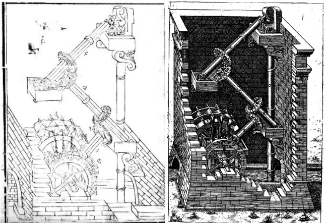 Figure 1 :  « la première figure d’élévation de l’eau » tirée de Wang Zheng et Johann  Terrenz Schreck, Yuanzi Qiqi Tushuo Luzui (Pékin, 1627), chapitre 3 ; et l’illustration du 