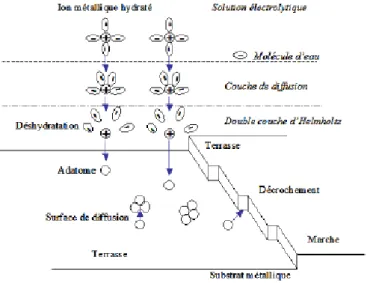 Figure 6 : Schéma des différentes étapes impliquées aux stades initiaux de l’électrodépôt [20]