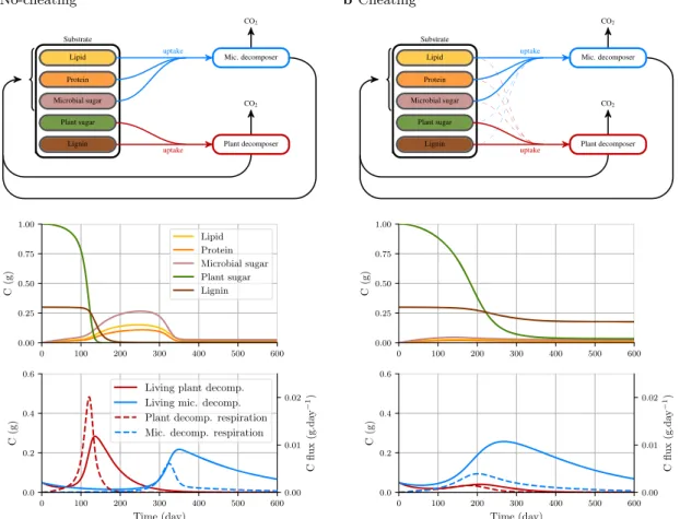 Fig. 5 Effect of the succession of two decomposer communities on the residual substrate amount and biochemistry (scenario 3)