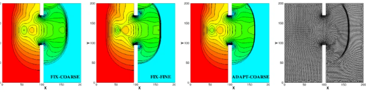 Figure 6: Asymmetric dam-break computed with FV scheme. 30 equispaced contour lines for h and adapted mesh.