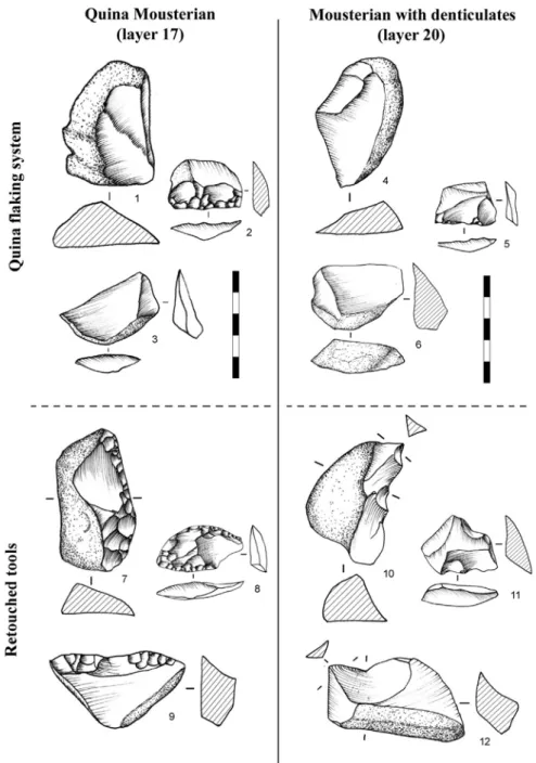 Fig. 4. Comparison of industries based on a Quina production system attributed to the “Quina Mousterian” (layer 17) and “Denticulate Mousterian” (layer 20)