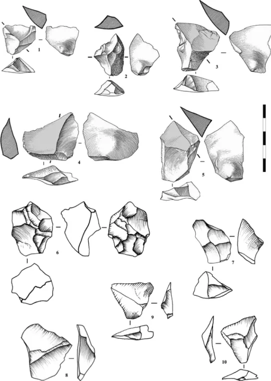 Fig. 5. Examples of Discoid products from layers 14 (1-5) and 12 (6-10): Kombewa-type pseudo-Levallois points (1-5) and pseudo-Levallois points (7-10), bifacial Discoid core (6)  (after Bourguignon and Turq, 2003; Faivre, 2008)