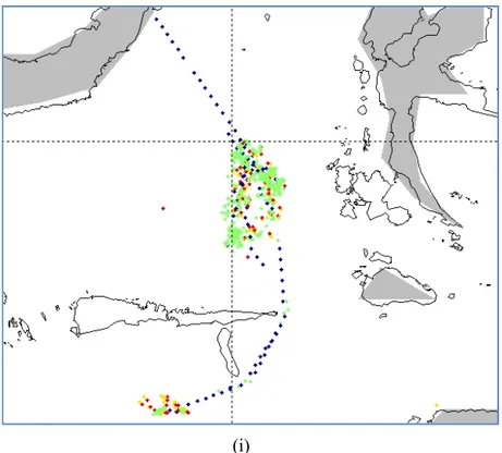 Fig.  8.  Track  of  a  fishing  vessel  that  shows  fishing  activities  from  VMS  data  (dark  blue:  non  fishing; green: fishing) correlated with observer data (red: setting; yellow: hauling), f, g, h, i: for  purse-seiners