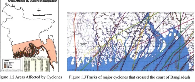 Figure  1.2  Areas Affected  by Cyclones  Figure  1.3Tracks  of major  cyclones  that crossed the  coast of Bangladesh inBangladesh  (Source:  GOB)  from  1960 to  2009 (Source:  World  Bank, 2010)