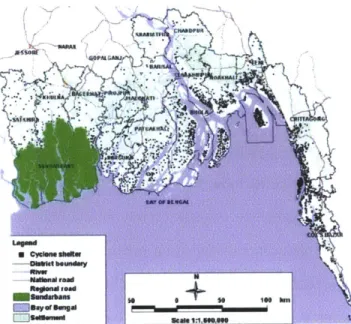 Figure 2.3 Spatial  locations  of existing  cyclone  shelters  in the coastal  area (Source:  CEGIS,  2009,  p