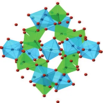 Figure III. 21 Structure cristalline du YAG montrant les sites d!aluminium tétraédriques (en vert), les sites d!aluminium  octaédriques (en bleu) et les ions d!oxygène (en rouge) 