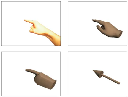 Figure 4-3: Hand representations used during the experiment (i.e. upper left: video feedback, upper right: detailed 3D model, lower left: simplified 3D model, lower right: 3D pointer model).