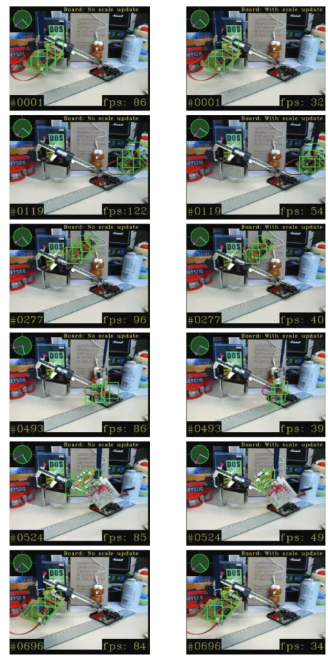 Figure 3.6: Several frames of Board sequence from PROST database, which show tracking results of our method without (left) and with (right) scale update.