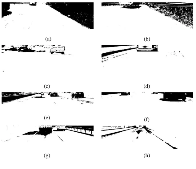 Figure 3.6: Binary road detection: a) Self recorded dataset with two cars at lane  markers; b) Self recorded dataset with bus footprints; c) LISA-Dense (frame 735); d) 