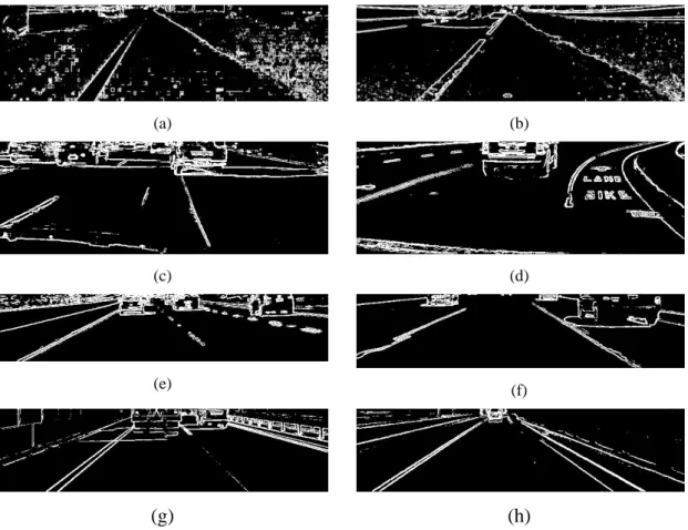 Figure 3.8: Sobel edge detection with Otsu threshold; a) Self-recorded dataset with  two cars at lane markers; b) Bus footprints from self-recorded dataset; c) LISA-Dense 