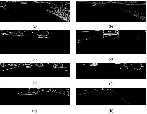 Figure 3.9: Lane Marker Free (LMF) image: a) Self-recorded dataset with two cars at  lane markers; b) Self-recorded dataset with bus footprints; c) LISA-Dense (frame  735); d) LISA-Urban (frame 13); e) LISA-Sunny (frame 104); f) Source-2 (frame 