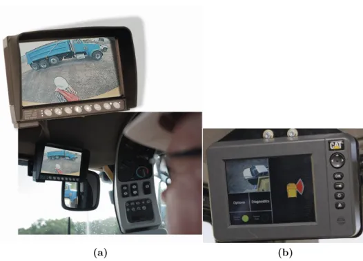 Figure 1.4: Cat Electronics’ camera system for heavy machines: (a) The work area vision system (b)The integrated object detection system.