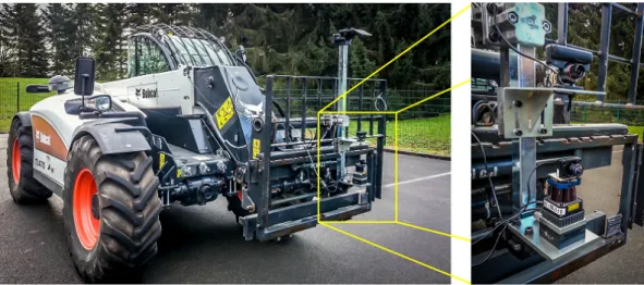 Figure 2.16: The telescopic forklift Bobcat TL470: Real images of the acquisition system setup in the configuration 1.