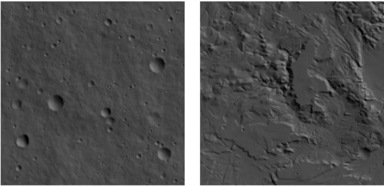 Fig. 11: Gauche : surface crateris´ee avec 0.2 crat`eres/km 2 (NH. Droit : terrain montagneux avec une variation de 10 km d’´elevation (MB)