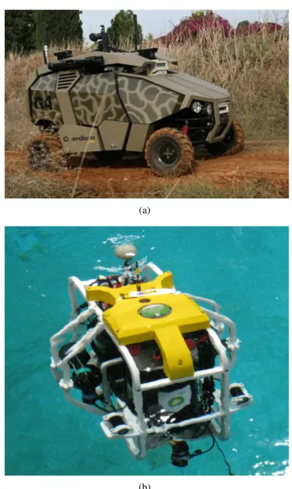 Figure 1: Different types de robots : (a) robot mobile (UGV), (b) robot sous marin (AUV) Nessie de l’Université d’Heriot Watt