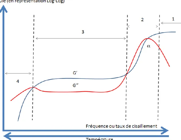 Figure I.3. Allure schématique d’une courbe maitresse de polymère amorphe. Pour les  polymères réticulés la zone 4 est absente