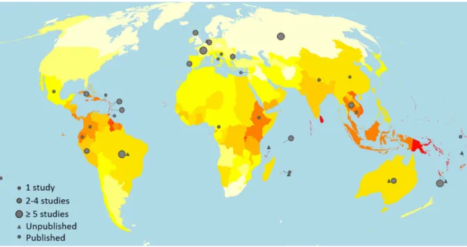 Figure  2 . Worldwide incidence distribuion of leptospirosis cases. 0-3 (white), 7-10 (yellow), 20-25 (orange), &gt;
