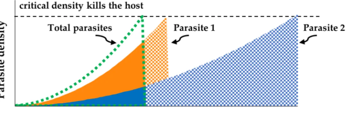 Figure 1.5 shows the outcome of a multiple infection by two parasite strains that differ in host exploitation  and virulence strategy, and whose virulence strategy is phenotypically plastic, increasing in the presence  of a second parasite strain