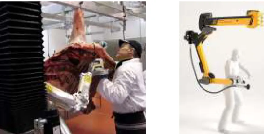 Figure 1.6: Collaborative robots providing strength ampliﬁcation. Left: HookAssist (Kinea Design) for beef boning