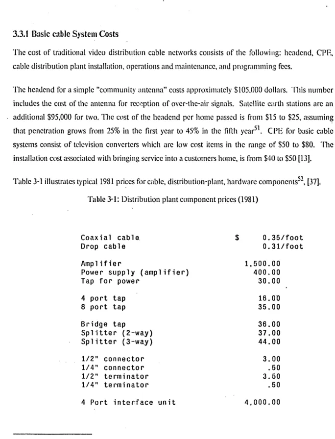 Table  3-1  illustrates  typical  1981  prices  for cable,  distribution-plant,  hardware  components 52 , [37].