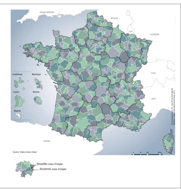 Figure n° 14. Carte superposant le zonage des zones d’emploi de 1994 et de 2010 de l’Insee 