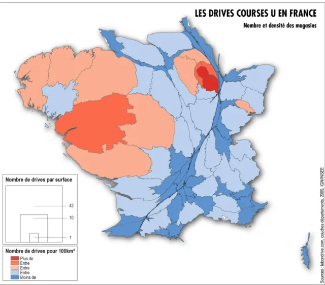 Figure n° 8. Carte en anamorphose du nombre et de la densité des drives U en France 