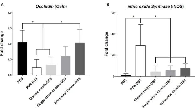 Figure 6. Impact of cheese matrix, single-strain cheese and Emmental cheese on colonic expression of  markers of cell barrier and oxidative stress