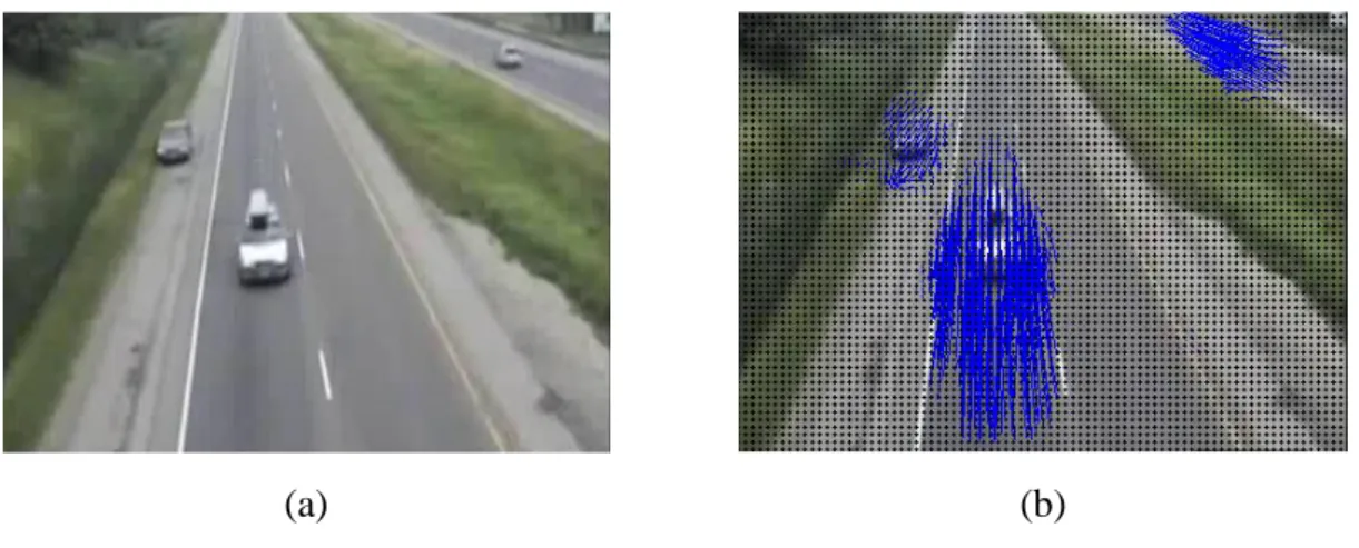 Figure 8: The results of Farnebäck OF applied on a traffic scene. (a): the original frame,  (b): the drawing in blue of the velocity vectors computed with the Farnebäck OF