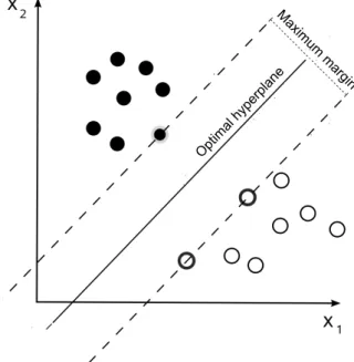 Figure 1.21 – Maximum-margin hyperplane and margins for an SVM trained with samples from two classes.