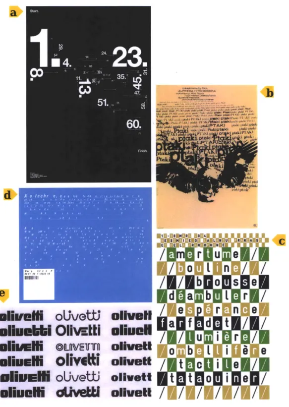 Figure  3-2:  Twelve  typographical  devices  that  can  be  used  to  express  data:  (a) Scale/Color/Direction,  (b) Repetition,  (c)  Foreground/Background,  (d)  Leading/Kerning, (e)  Font Weight.