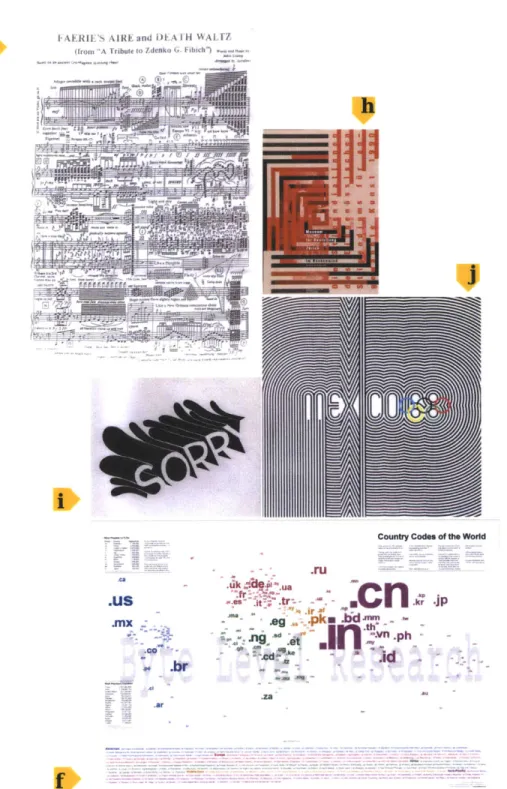 Figure 3-3:  Twelve typographical  devices that can be used to  express  data:  (f)  Filling space with  text,  (g)  Accents,  annotations,  (h)  Lines,  timelines,  grids,  (ij) Chart embedded,  or around type