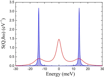 Figure 2.3: Sketch of the typical dynamic structure factor S(Q, ~ ω) of a glass (full areas) and of a crystal (filled line) measured in the mesoscopic region.