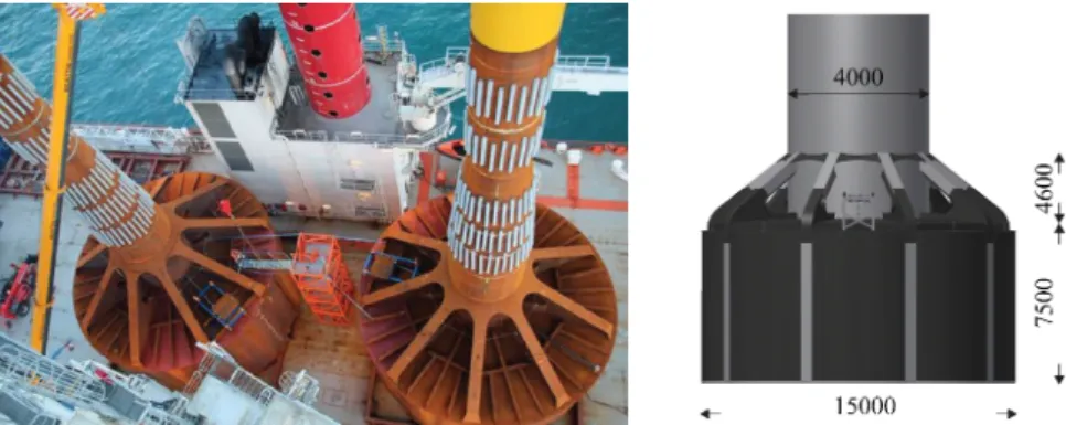 Figure 2.4: Mono Bucket foundations on the board of a installation vessel (left). The geometry of the foundation in millimeters (right)