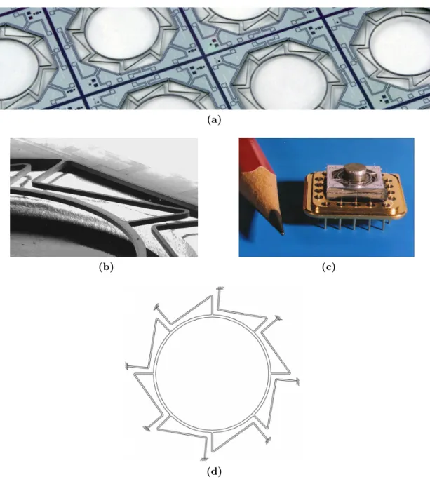 Figure 1.2: Photographs of the ring-based rate sensor: (a) on its silicon wafer, (b) details of the leg structure, and (c) mounted on its chip.