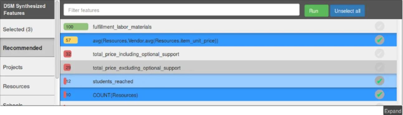 Figure 7-2: The feature selector component of the interface where users can choose features to build a predictive model with.