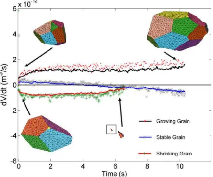 Figure 1.12: Growing and shrinking grains in a three-dimensional vertex dynamics sim- sim-ulation [25]