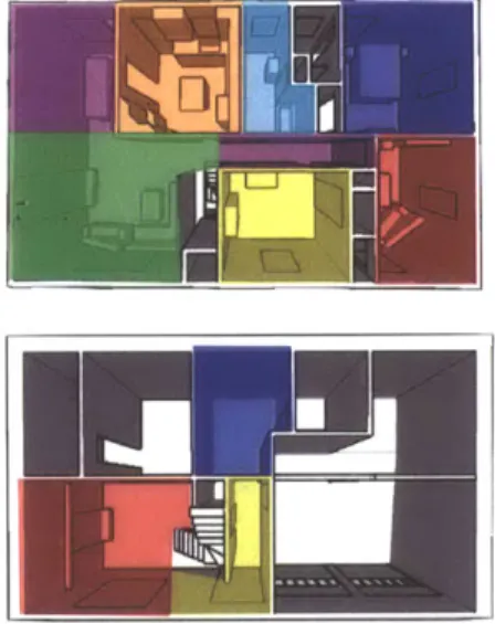 Figure  16.  Partitioning of the envi- envi-ronment geometry  into zones,  each  of which is textured by a  single camera.