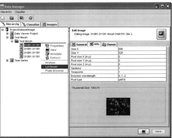 Figure 1: Shoola's data manager showing alternate click menu.  The LoViewer menu item launches the Lo Viewer to visualize data for the selected image or dataset.