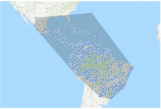 Figure 1.7 – Carte de répartition indigène du genre Cecropia du sud du Mexique au nord de l’Argentine (source data GPS Zalamea et al., 2011 et Cecropi@net).