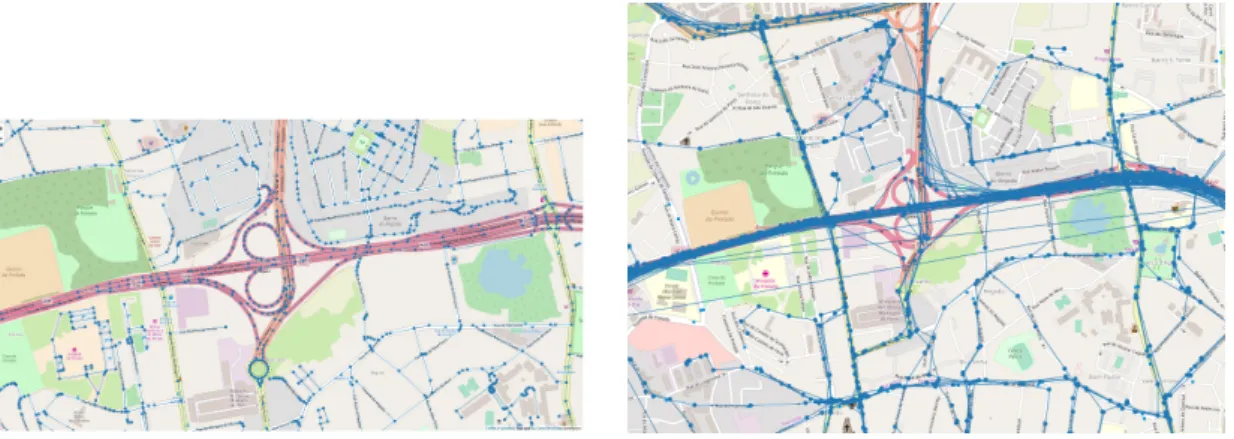 Figure 6-5 – a) OpenStreetMap graph export of data b) GPS data of Porto taxi movements.