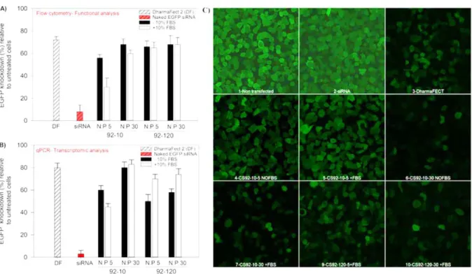 Figure 1.4-11. Effect of FBS, chitosan M n  (10 kDa or 120 kDa), and N:P ratio at 92% deacetylation (DA 