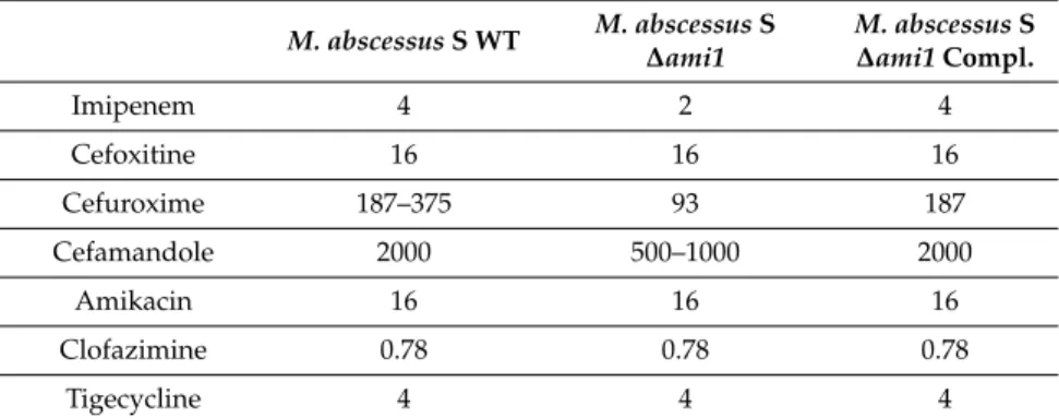 Table 1. MIC determination M. abscessus S WT M. abscessus S ∆ami1 M. abscessus S∆ami1Compl