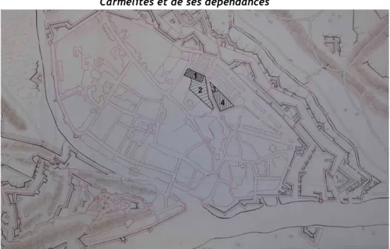 Fig. 1 – Plan de la ville de Namur figurant l’emplacement du couvent des  Carmélites et de ses dépendances 